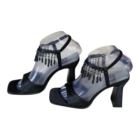 9&Co P-Shake Black Beaded Fringe Heels Square Toe Sandals Women’s Size 7M‎ - Picture 4 of 9